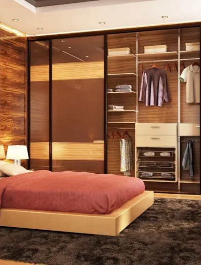 Bedroom with a built-in wooden wardrobe