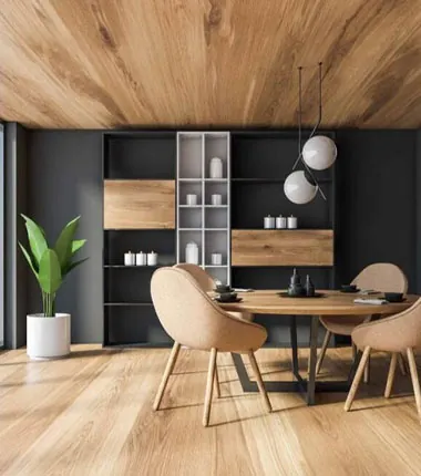 Dining room with a wooden ceiling and shelving